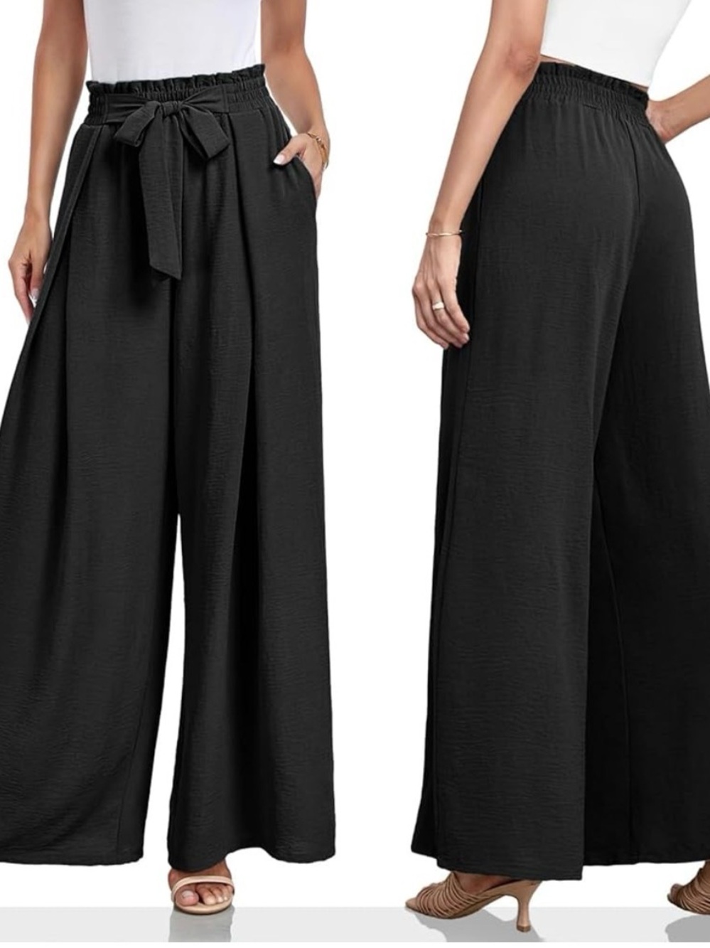 Senna Sky Black Wide Leg Palazzo Pants Size S Elastic Waist Tie Front Pockets